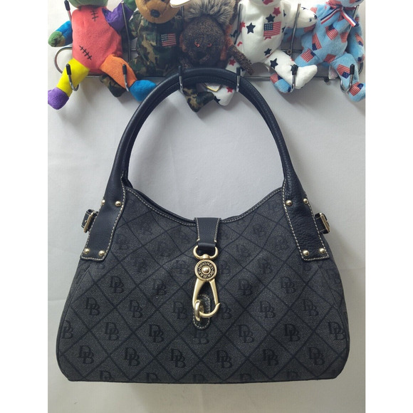 Dooney & Bourke Gray Canvas Leather Trim DB Printed Hook Satchel Shoulder Bag - Picture 13 of 16